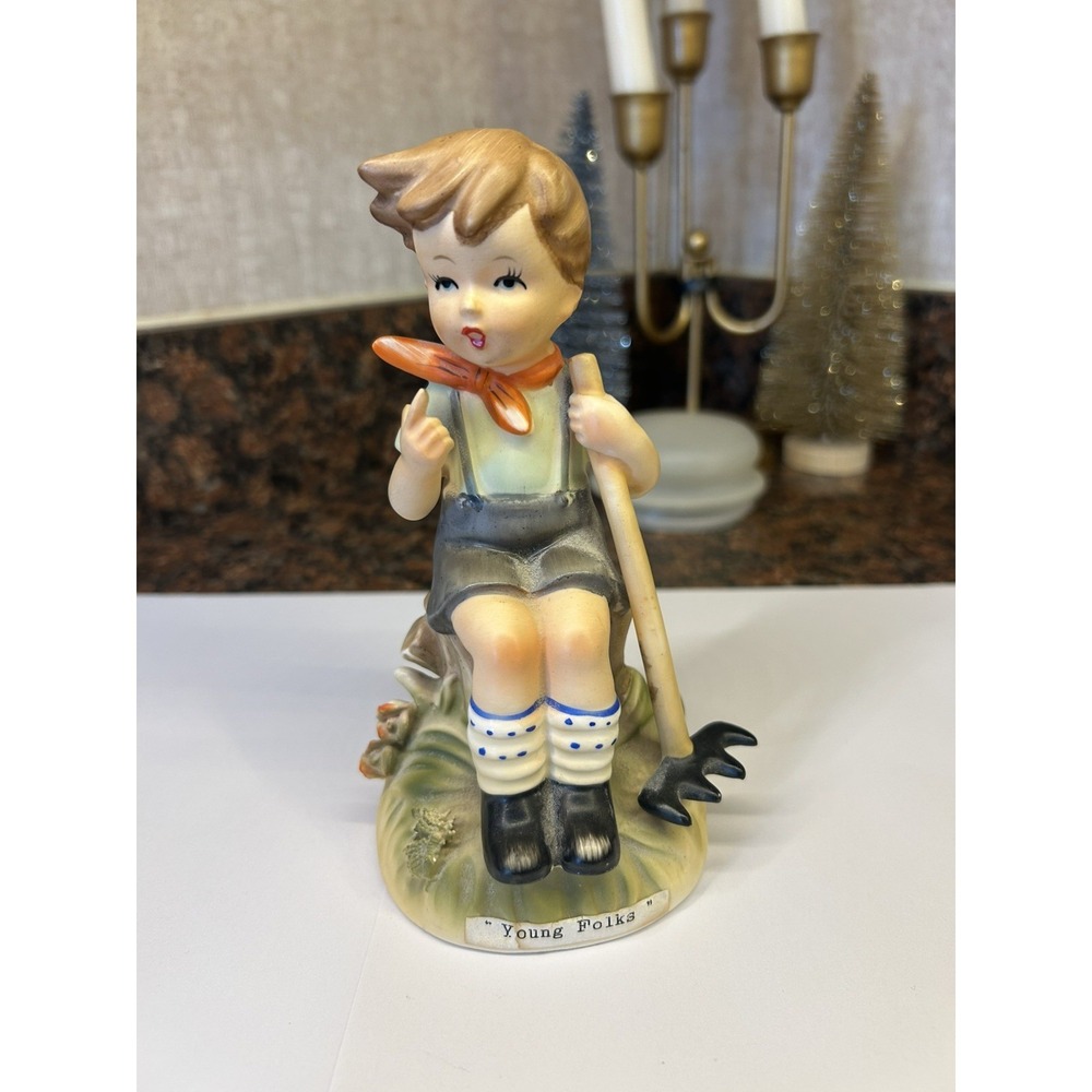 Original Arnart Creation Figurine Young Folks Erich Stauffer Boy Rake Farmer Vtg